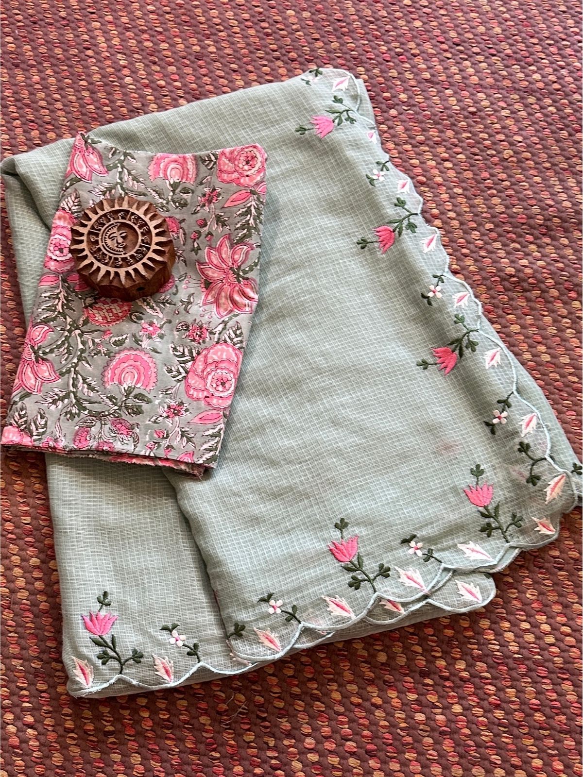 Kota Doria Embroidered Saree with Hand-blocked pure cotton Blouse Fabric