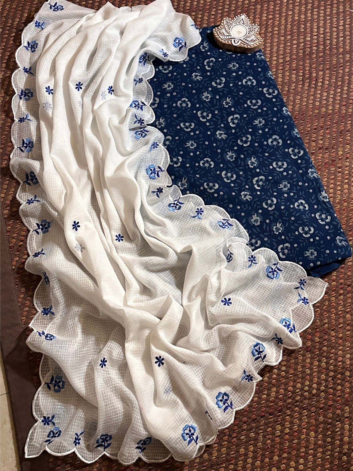 Pure Cotton Indigo Hand-block Fabric with Exclusive Embroidered Kota Doria Dupatta