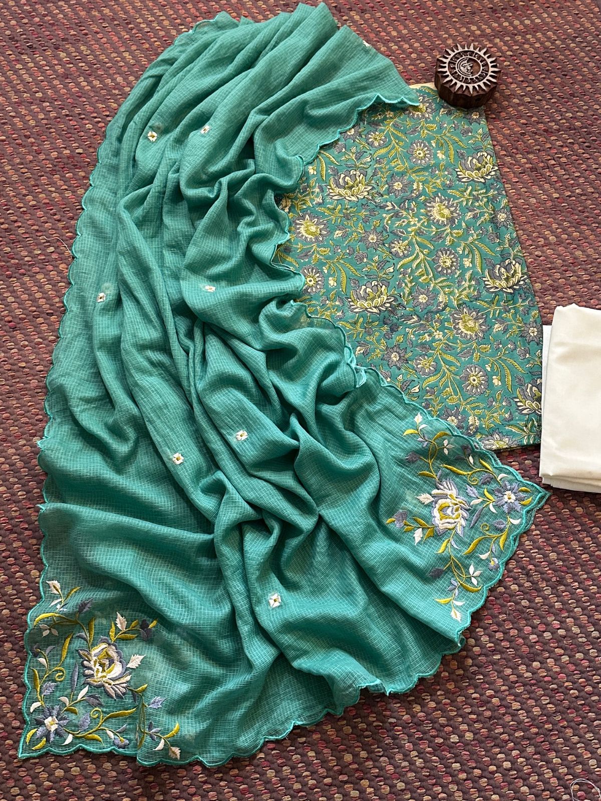 Pure Cotton Hand-blocked Fabric with Embroidered Dupatta
