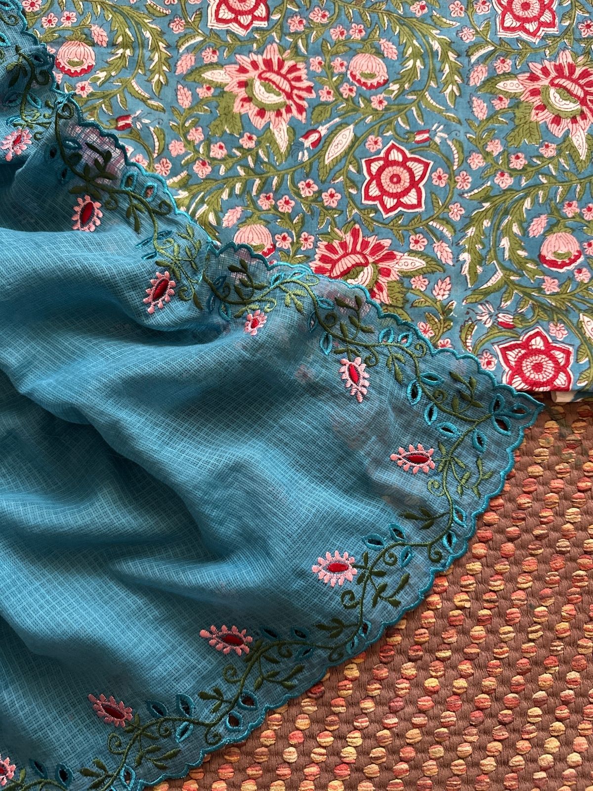 Pure Cotton Handblock Fabric with Cutwork Embroidered Dupatta