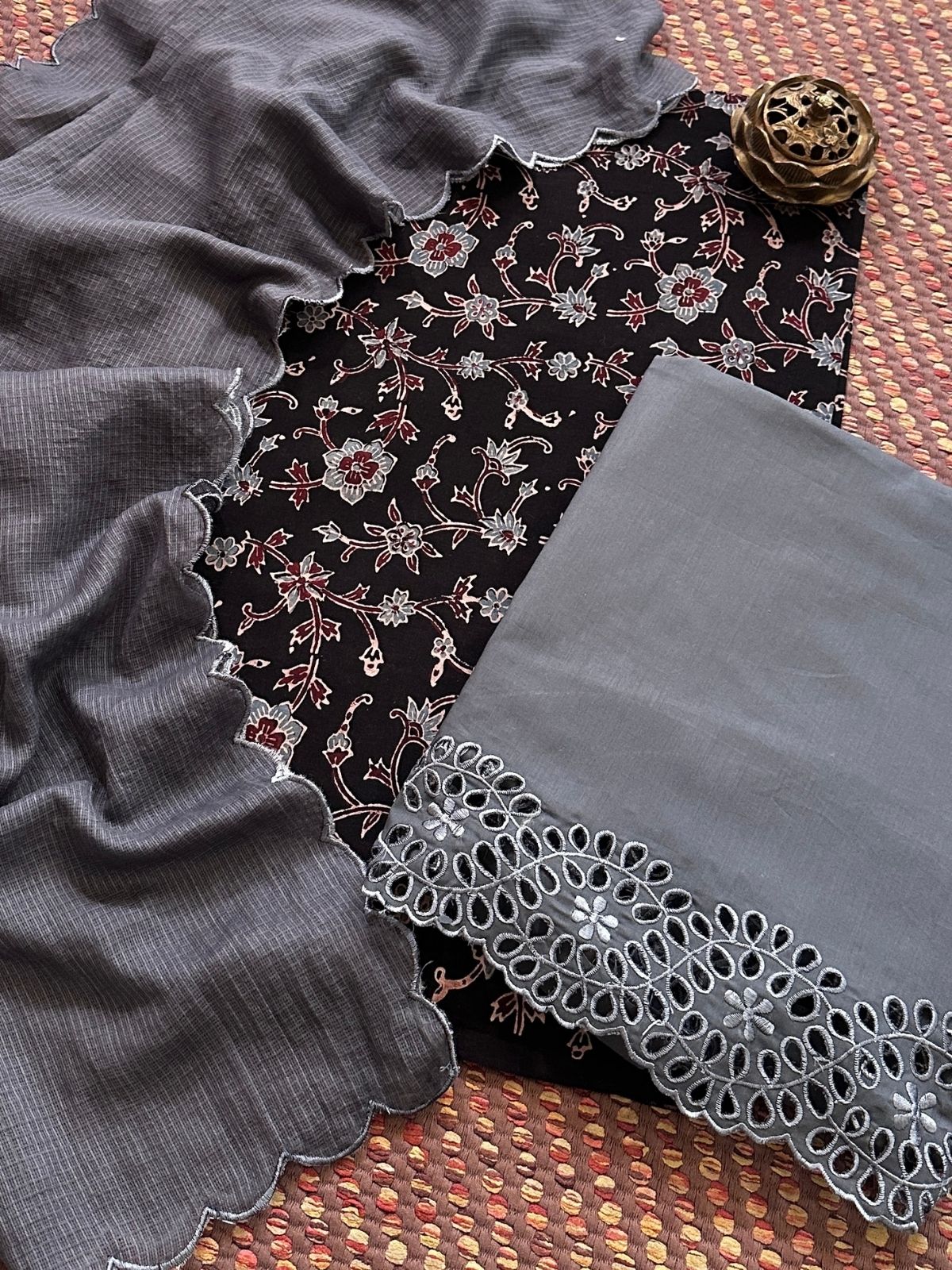 Pure Cotton Mul Ajrak with Scalloped Dupatta & Cutwork Bottom