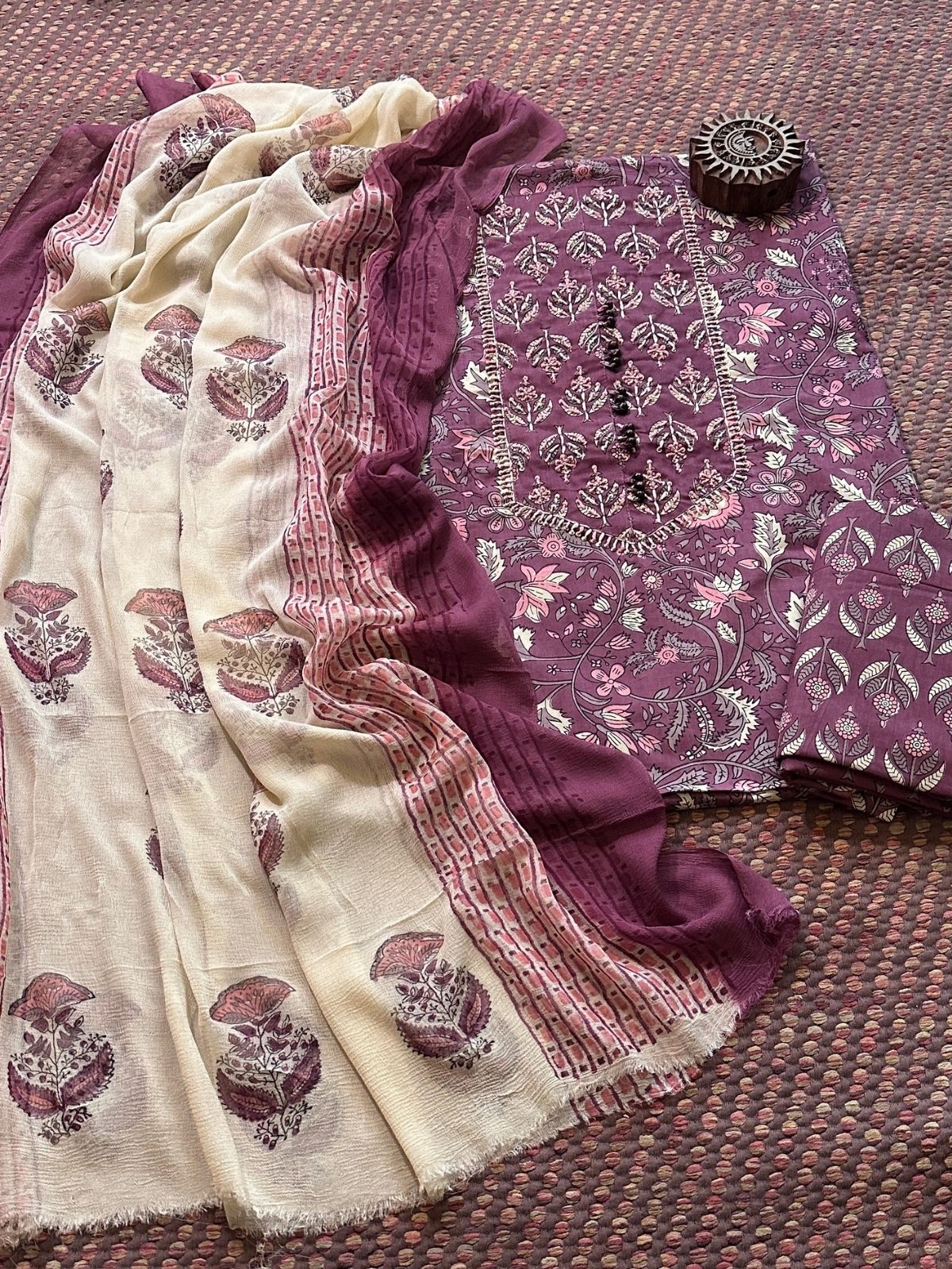 Pure Cotton Handblocked Unstitched Set with pure chiffon Dupatta