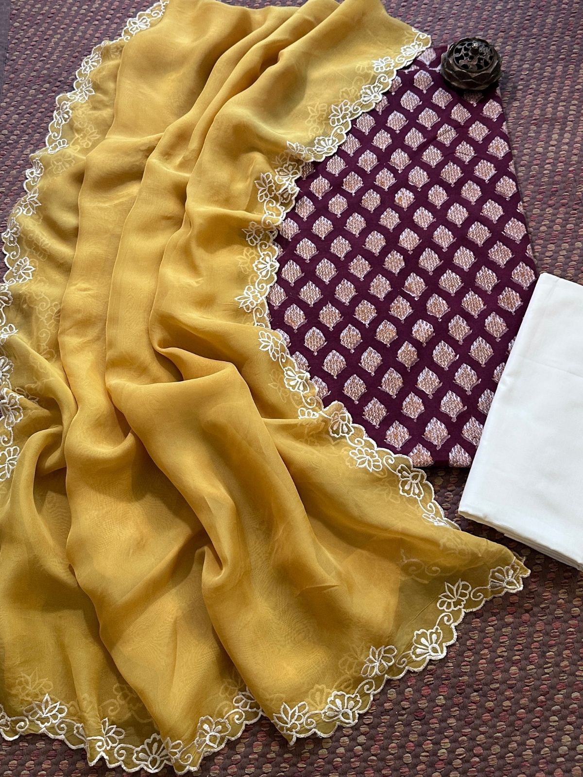 Pure Cotton Hand-blocked Fabric with Exclusive Organza Dupatta