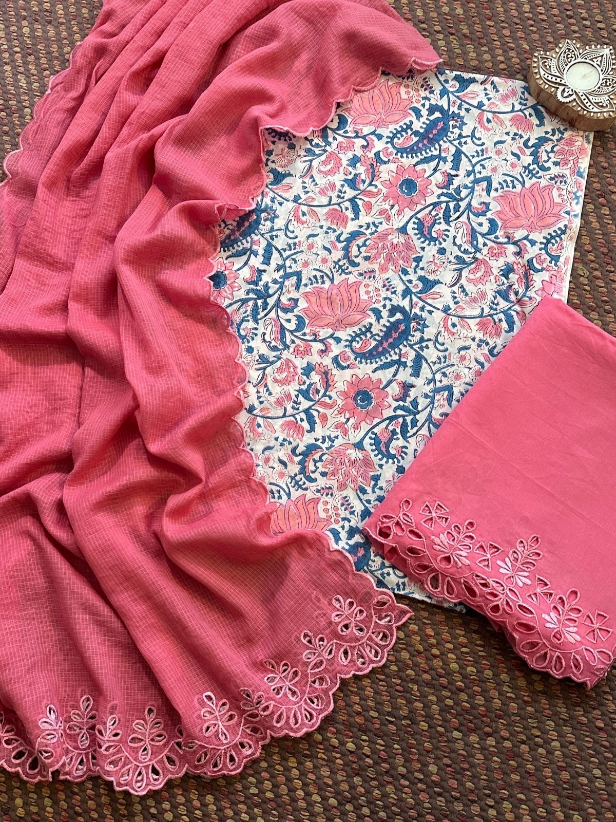 Pure Cotton Hand-blocked Fabric with Cutwork Bottom & Kota Doria Dupatta