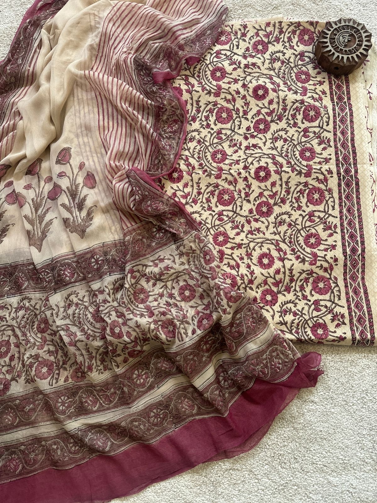 Pure Cotton Handblocked Unstitched Set with pure chiffon Dupatta