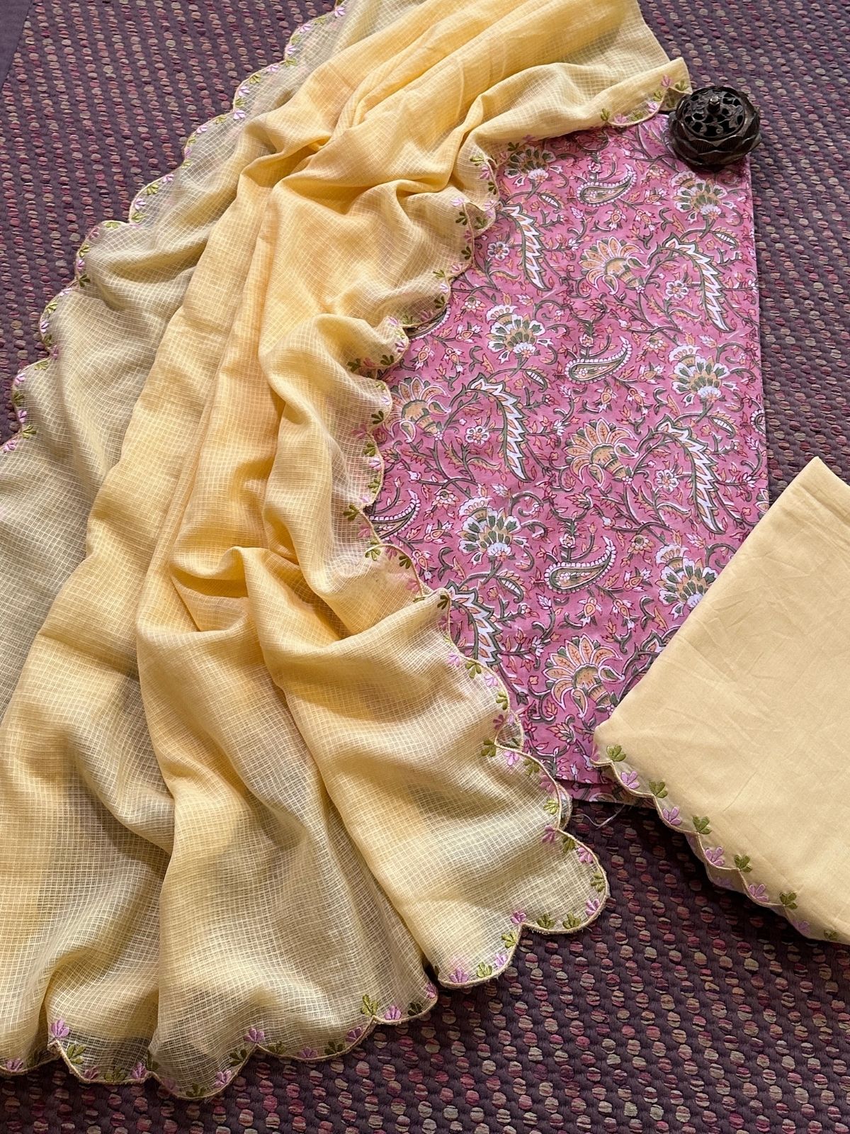 Pure Cotton Hand-block Fabric with Embroidered Bottom & Kota Doria Dupatta