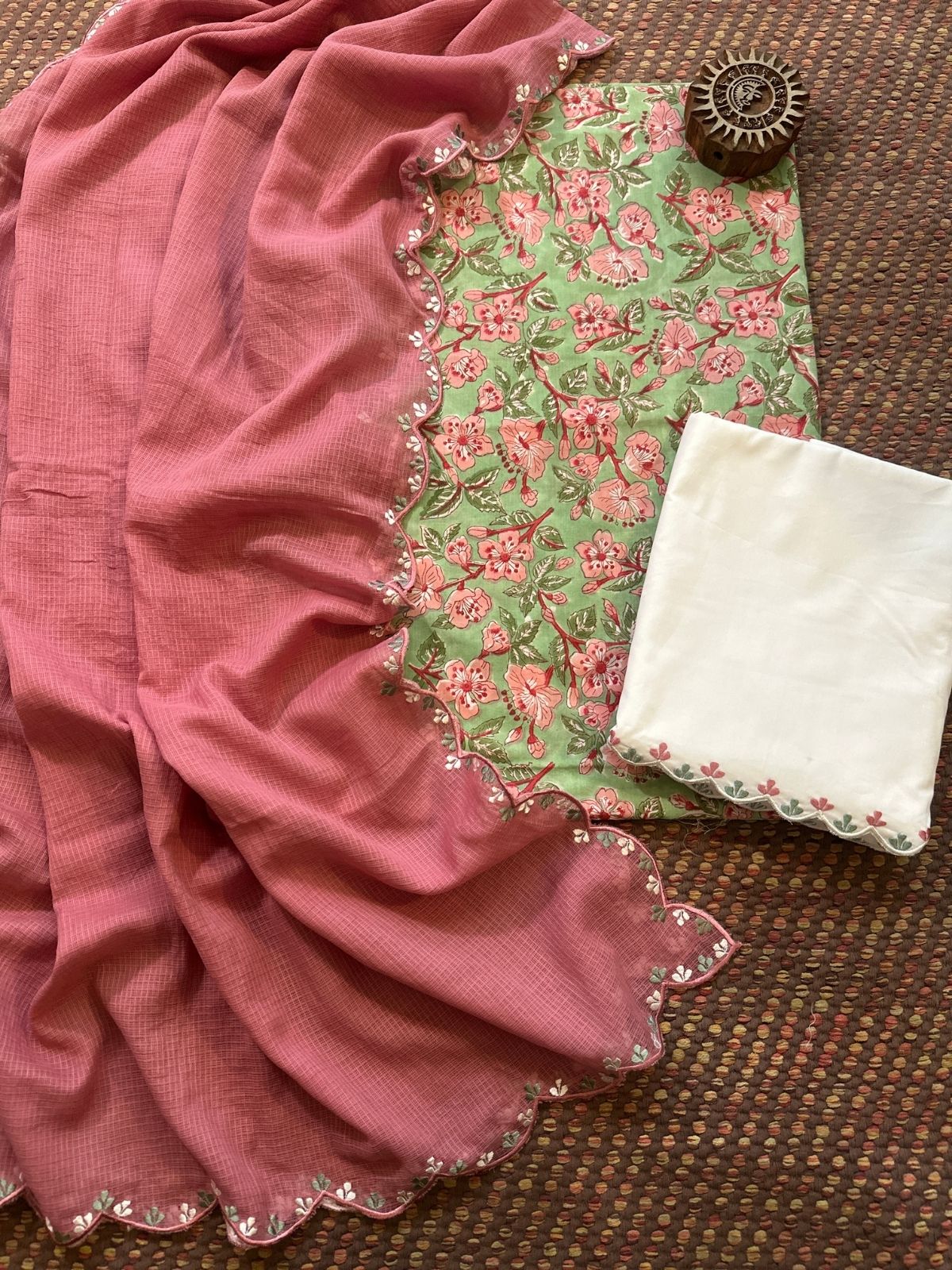 Pure Cotton Hand-block Fabric with Exclusive Embroidered Bottom & Kota Doria Dupatta