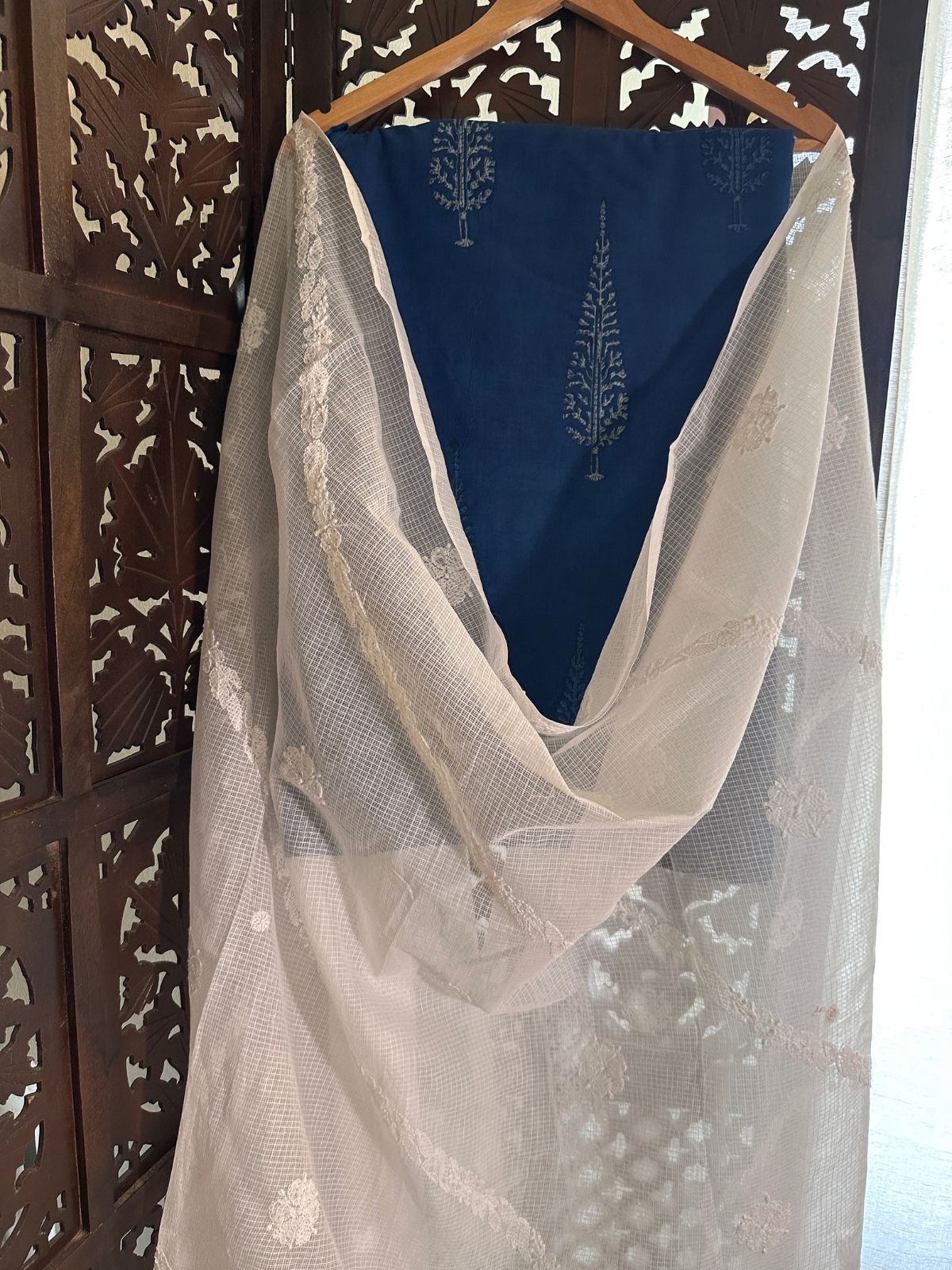 Pure Cotton Indigo fabric with Chikankari Dupatta