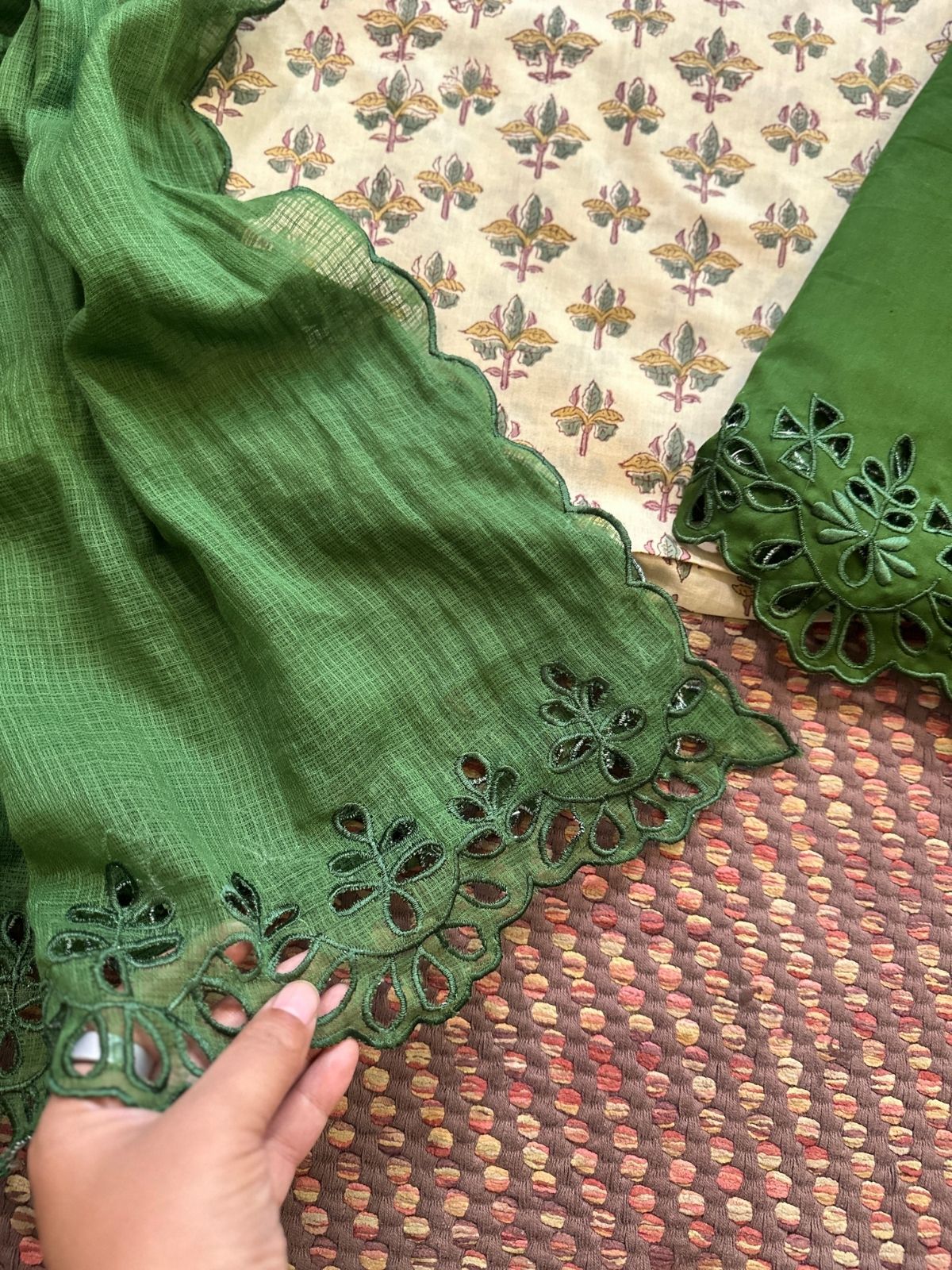 Pure Cotton Hand-blocked Fabric with Cutwork Bottom & Kota Doria Dupatta