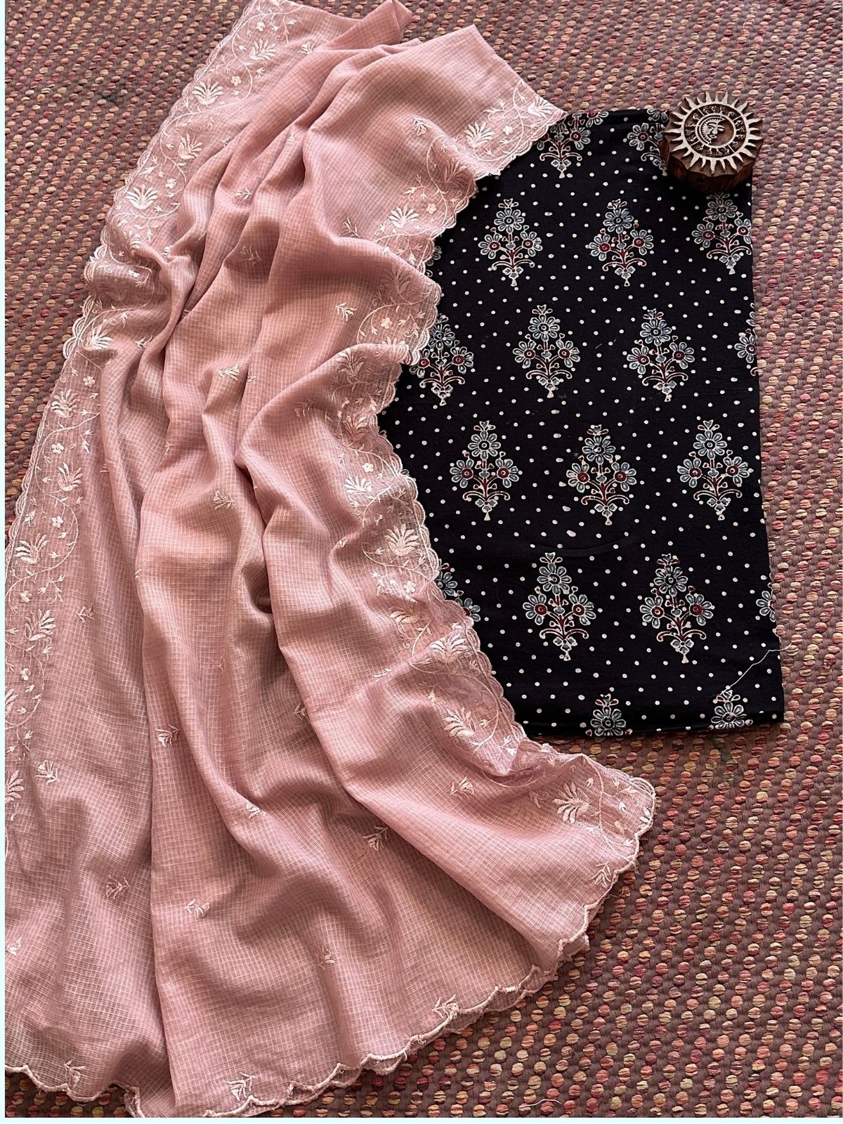 Ajrakh handblocked pure cotton mamal fabric with kota doria embroidered dupatta