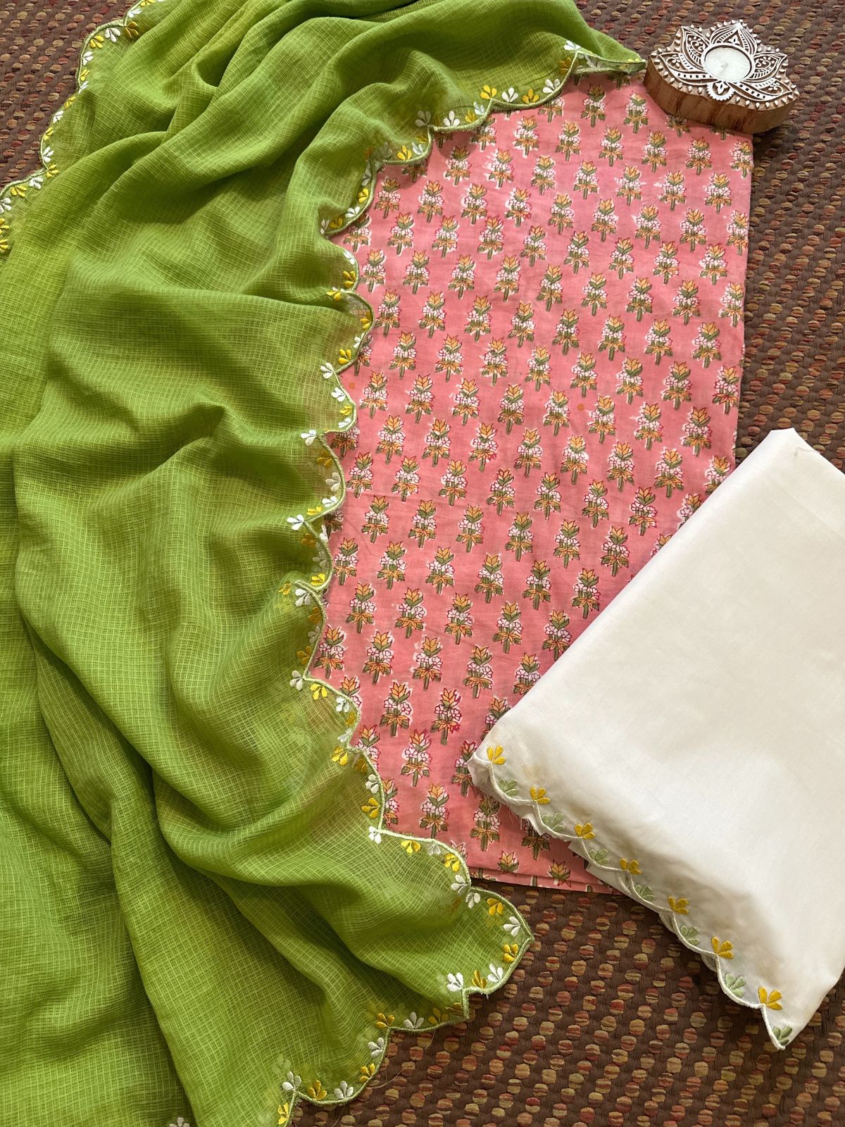 Pure Cotton Hand blocked Set with Embroidered Dupatta