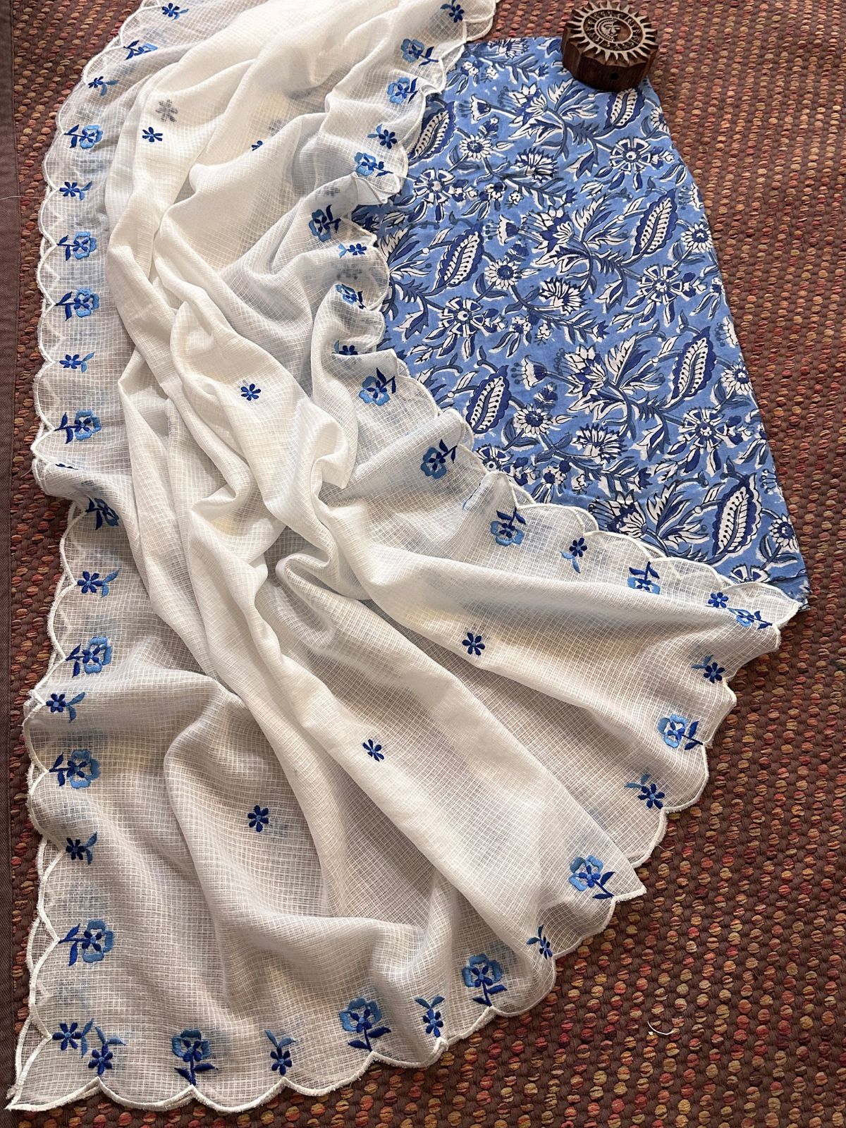 Pure Cotton Handblocked Fabric with Embroidered Dupatta