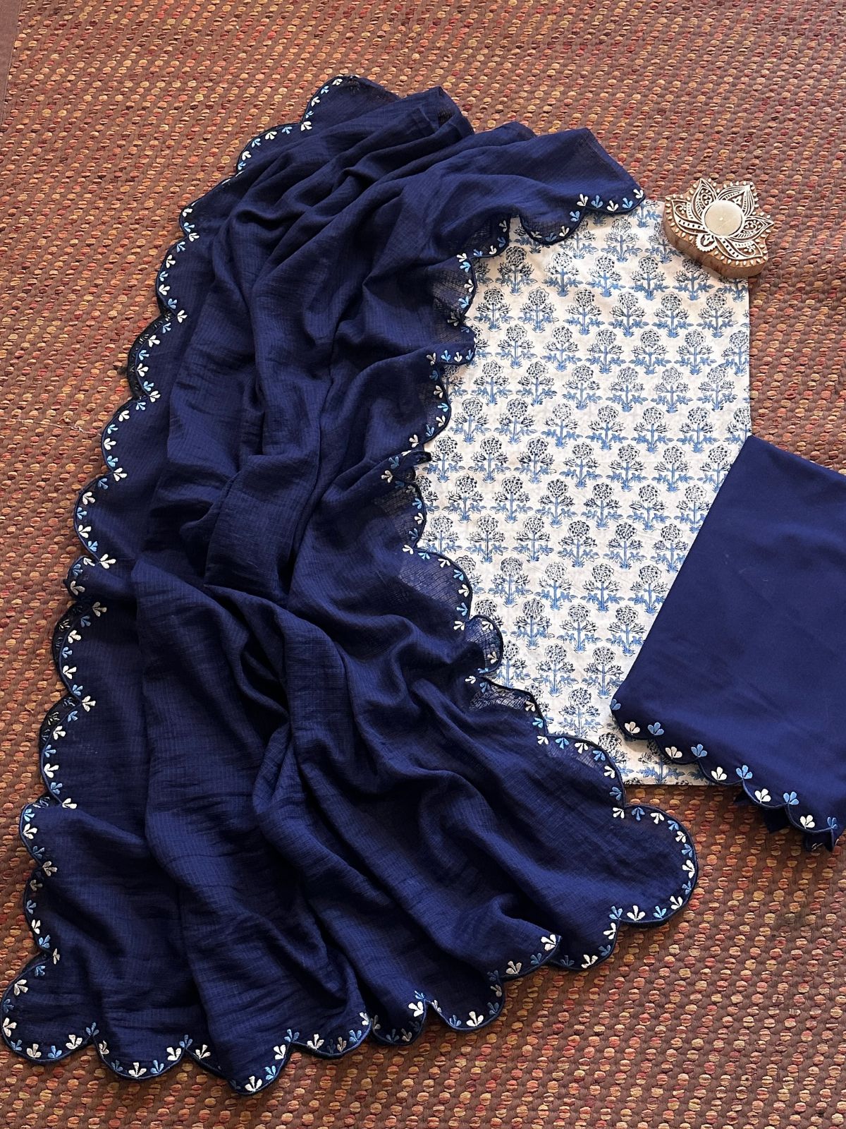 Pure Cotton Hand-block Fabric with Exclusive Embroidered Bottom & Kota Doria Dupatta