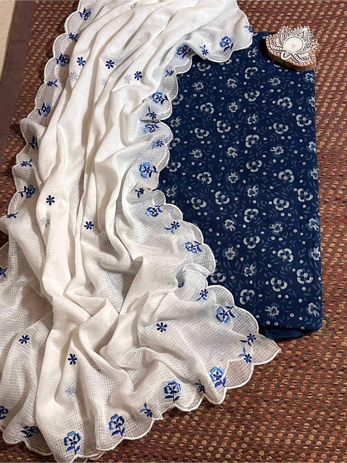 Pure Cotton Indigo Hand-block Fabric with Exclusive Embroidered Kota Doria Dupatta