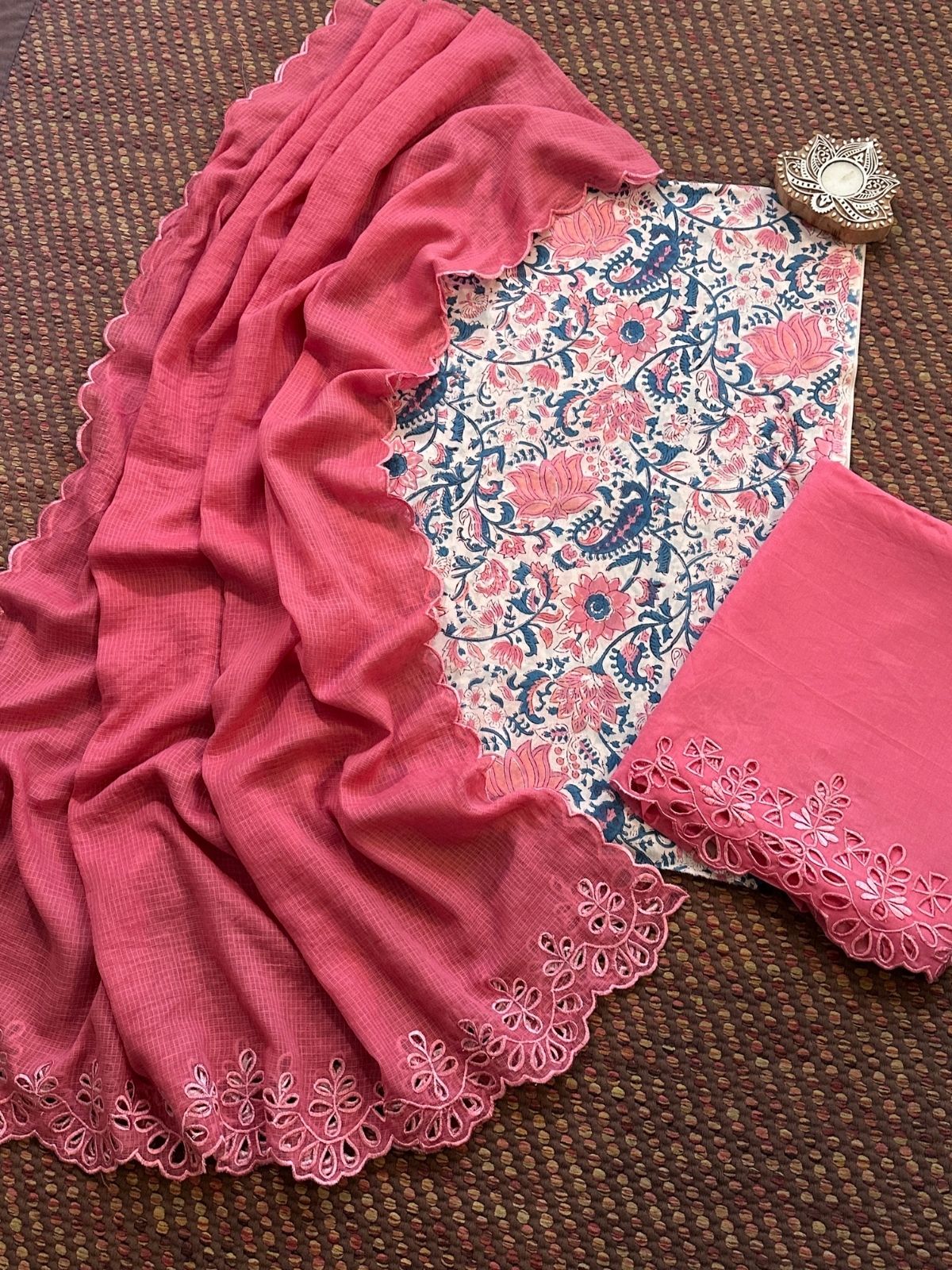 Pure Cotton Hand-blocked Fabric with Cutwork Bottom & Kota Doria Dupatta