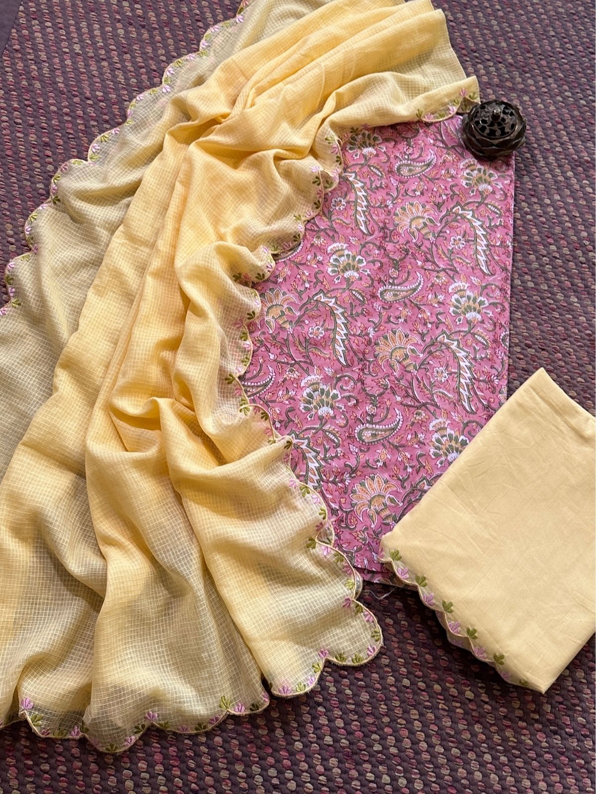 Pure Cotton Hand-block Fabric with Embroidered Bottom & Kota Doria Dupatta