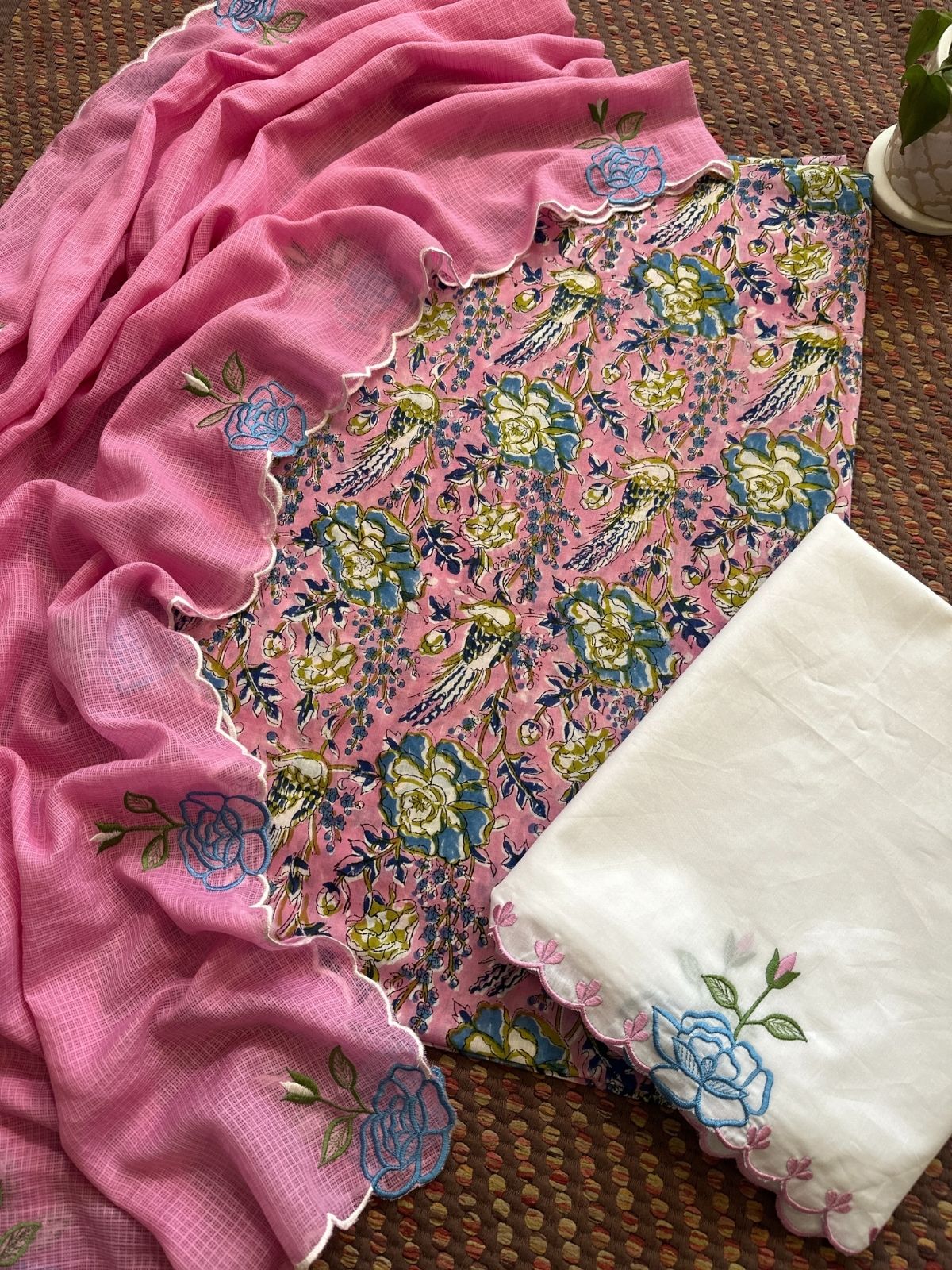 Pure Cotton Malmal Hand-block Fabric with Embroidered Bottom & Kota Doria Dupatta