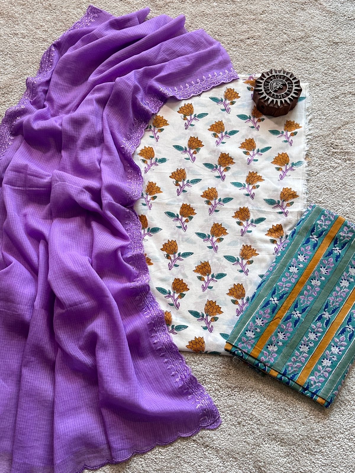 Spring Garden Set- Hand-block Fabric with Embroidered Dupatta