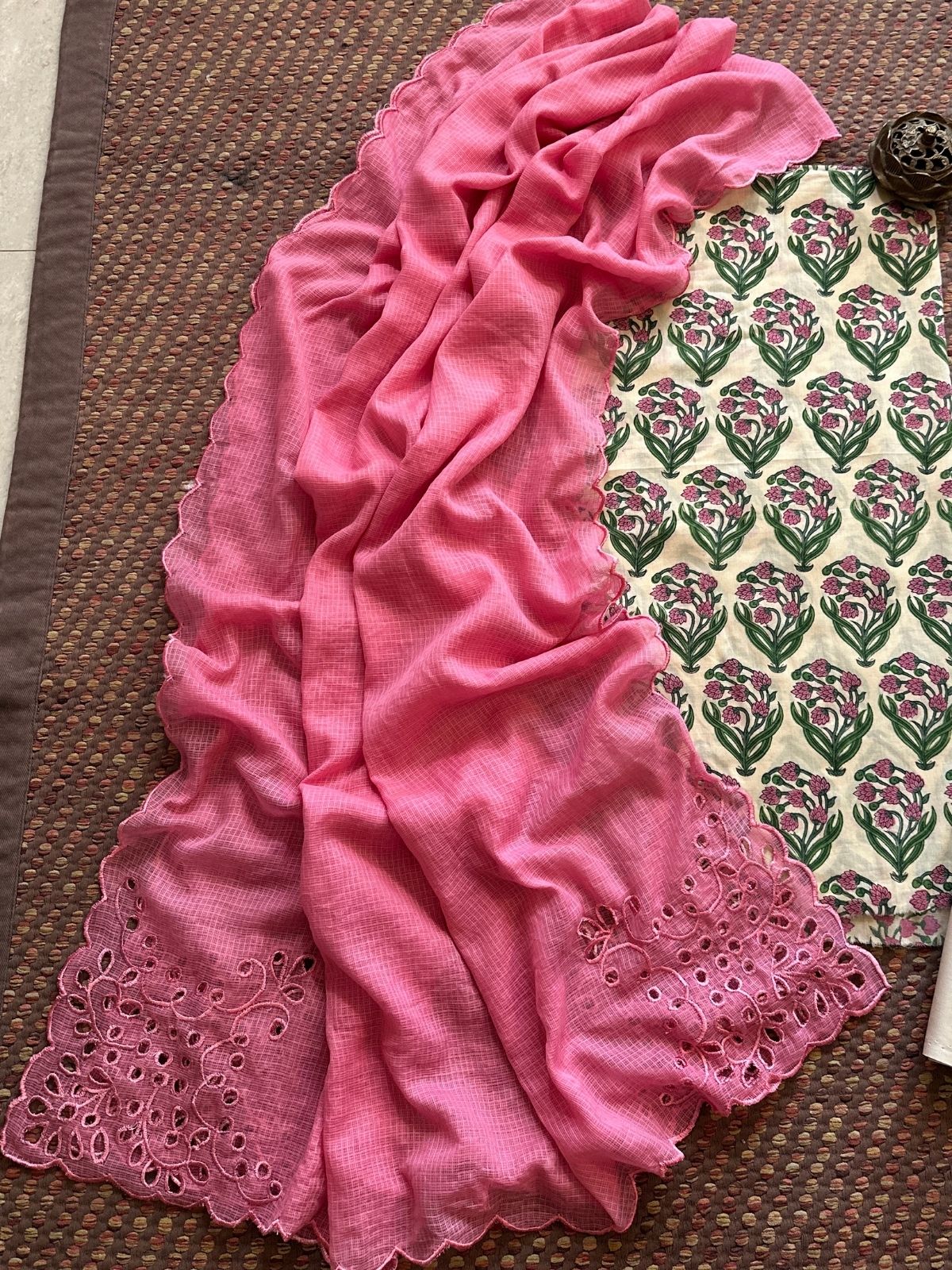 Pure Cotton Hand-blocked Fabric Set with Cutwork Kota Doria Dupatta