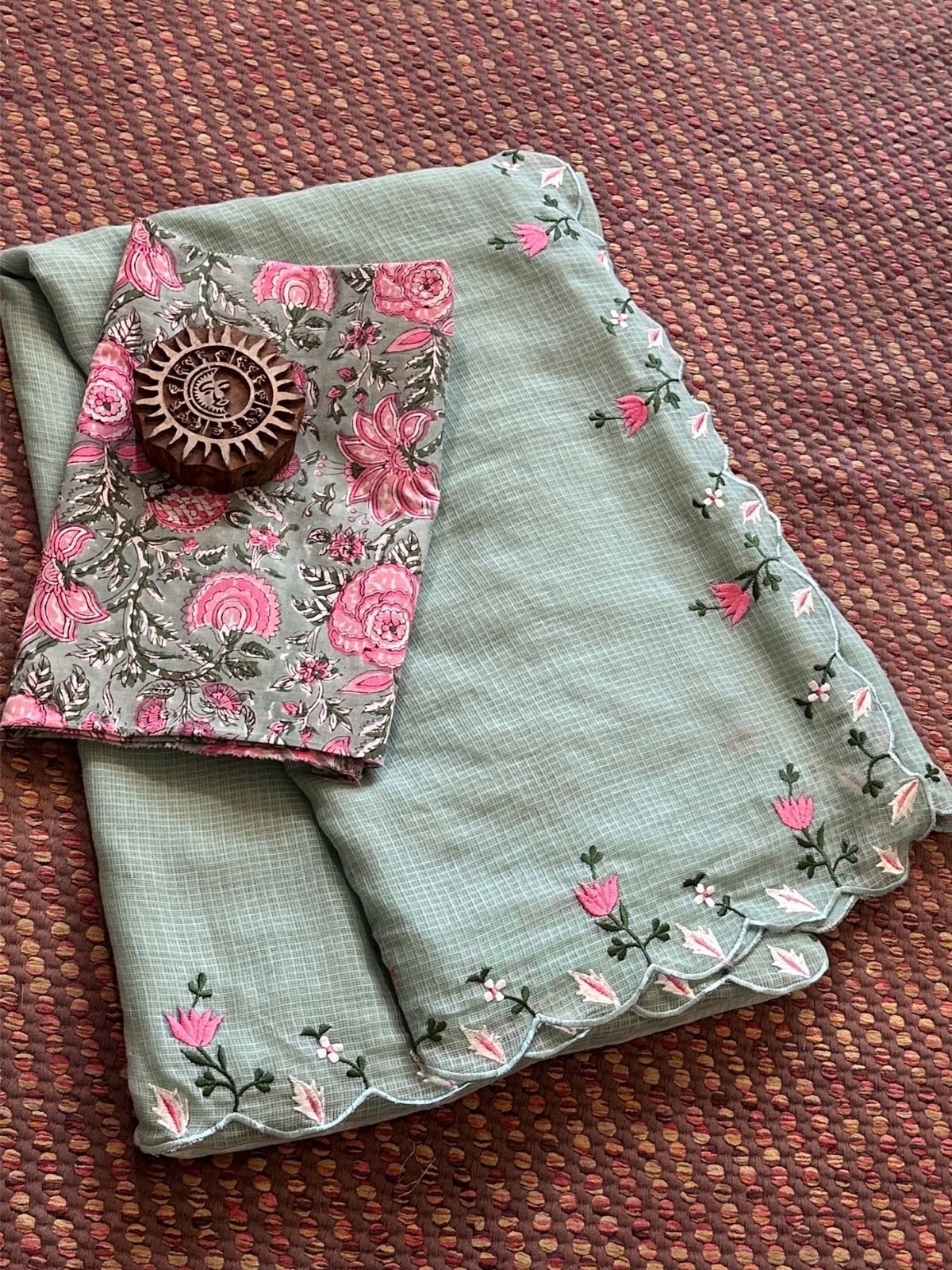 Kota Doria Embroidered Saree with Hand-blocked pure cotton Blouse Fabric