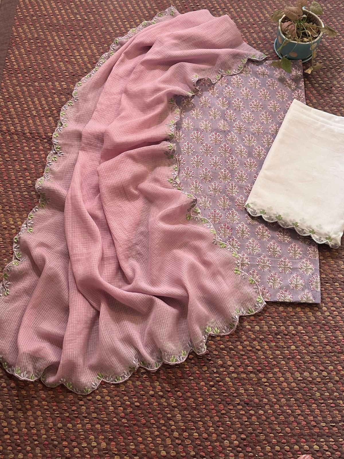 Pure Cotton Hand-block Fabric with Exclusive Embroidered Bottom & Kota Doria Dupatta