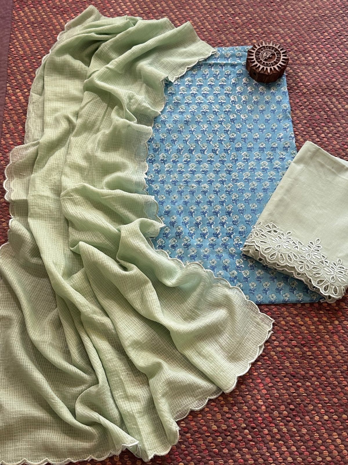 Pure Cotton Hand-blocked Fabric with Cutwork Bottom & Kota Doria Dupatta