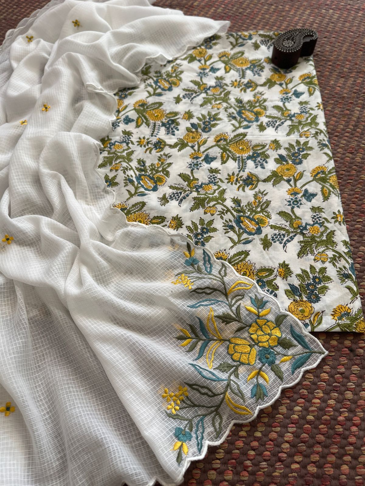 Pure Cotton Handblock Fabric with Exclusive Embroidered Dupatta