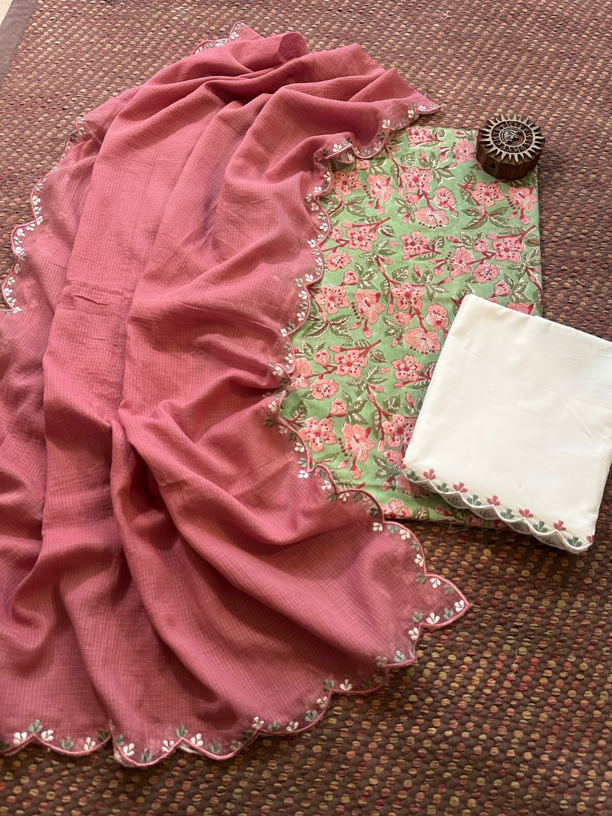 Pure Cotton Hand-block Fabric with Exclusive Embroidered Bottom & Kota Doria Dupatta