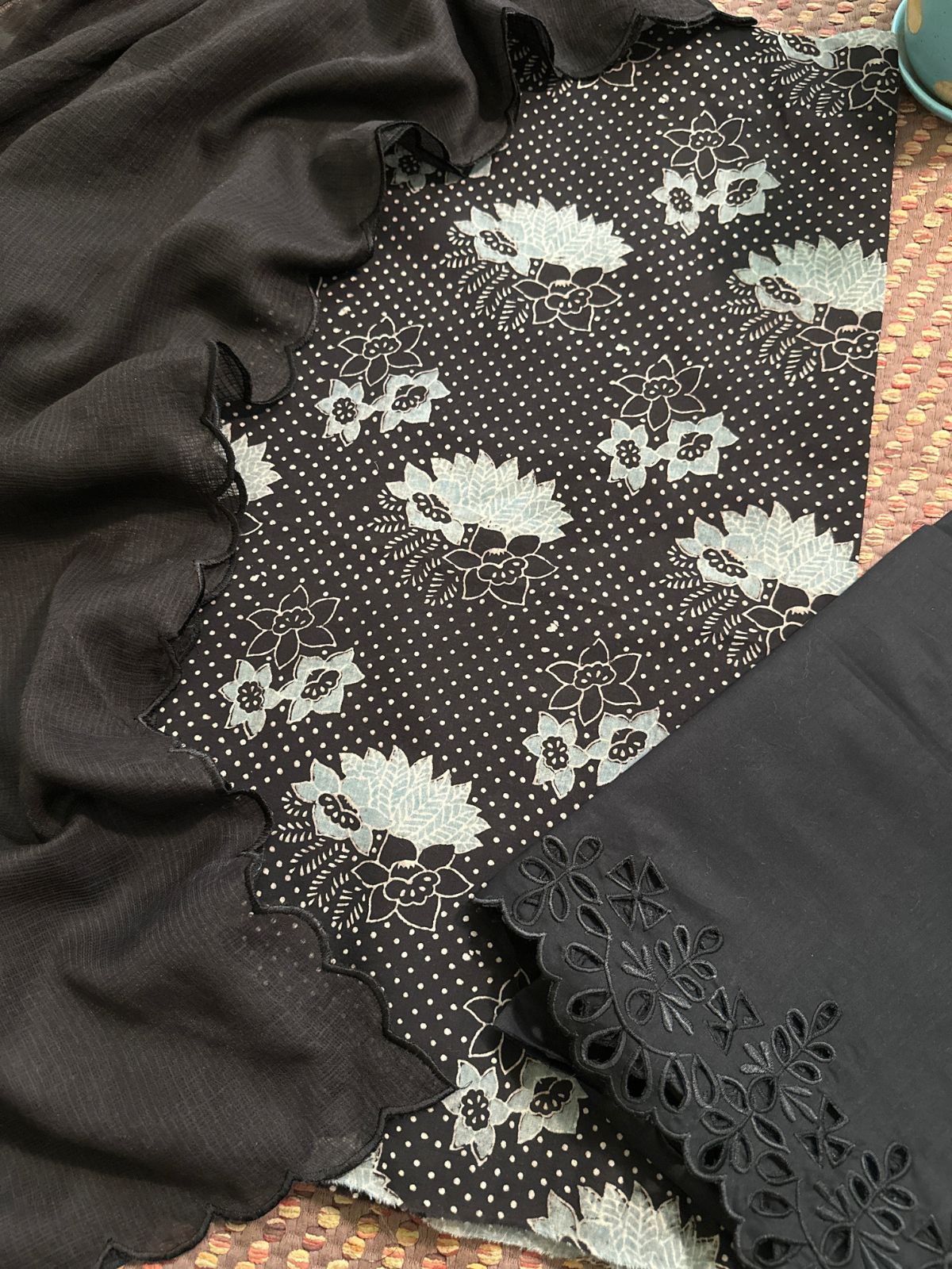 Pure Cotton Malmal  AjFabric with Exclusive Cutwork Bottom & Kota Doria Dupatta
