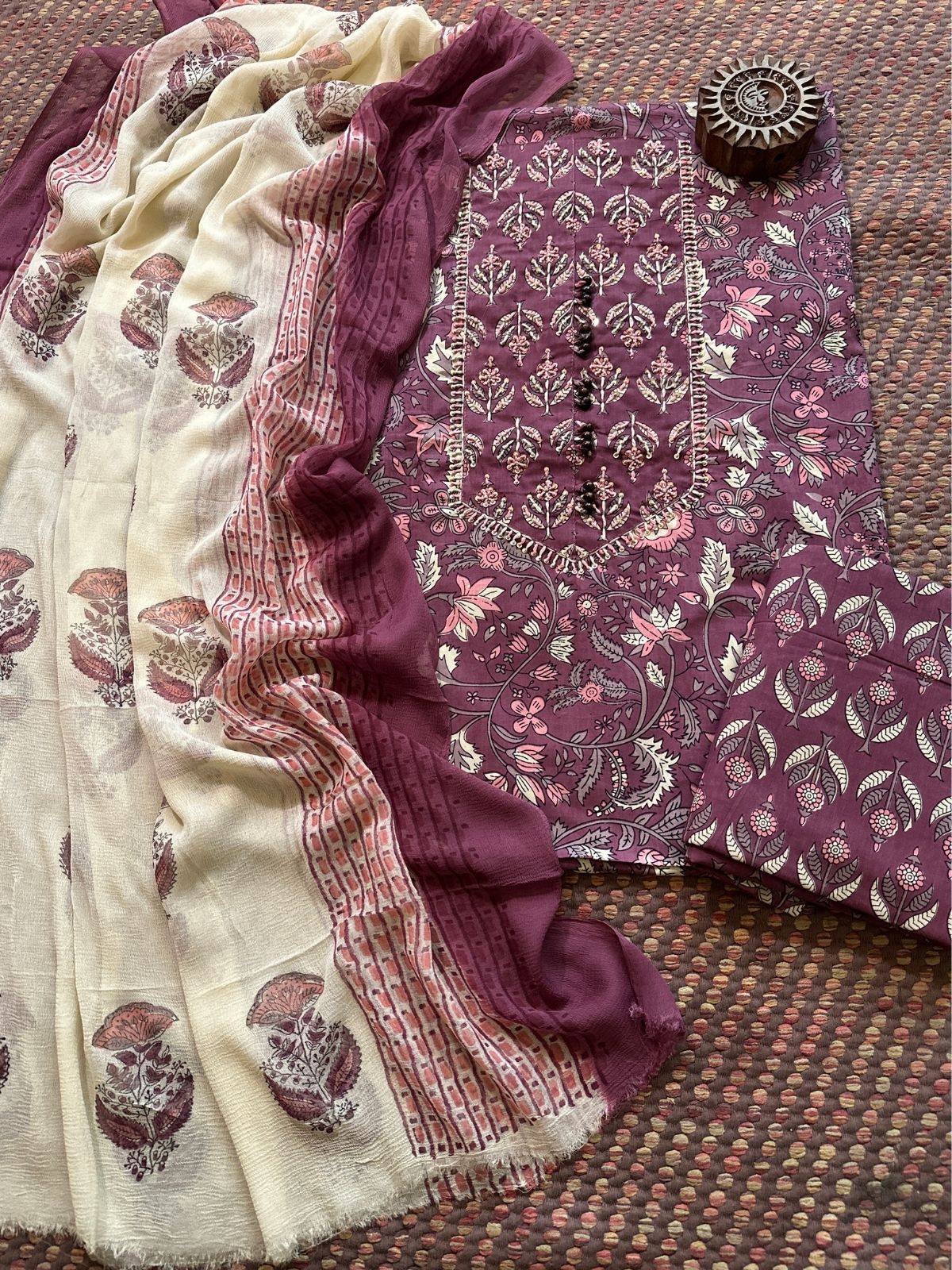 Pure Cotton Handblocked Unstitched Set with pure chiffon Dupatta