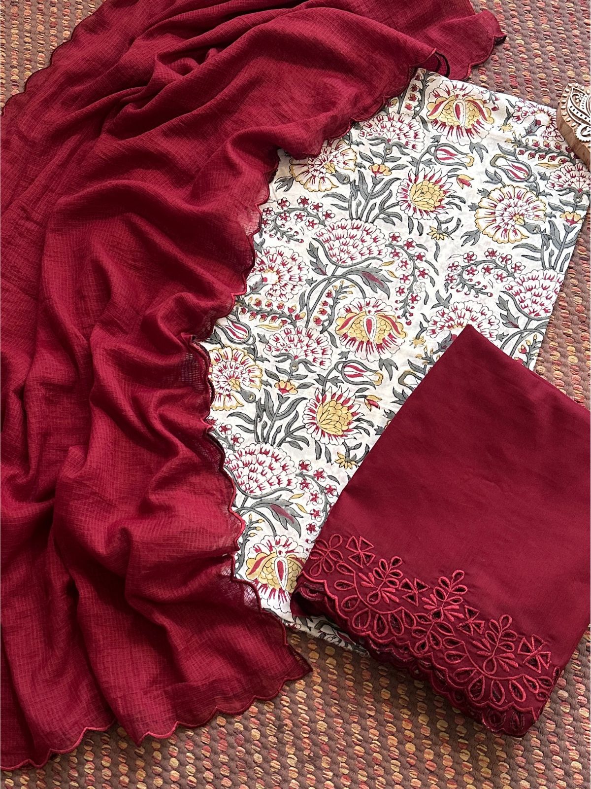 Pure Cotton Hand-blocked Fabric with Cutwork Bottom & Kota Doria Dupatta