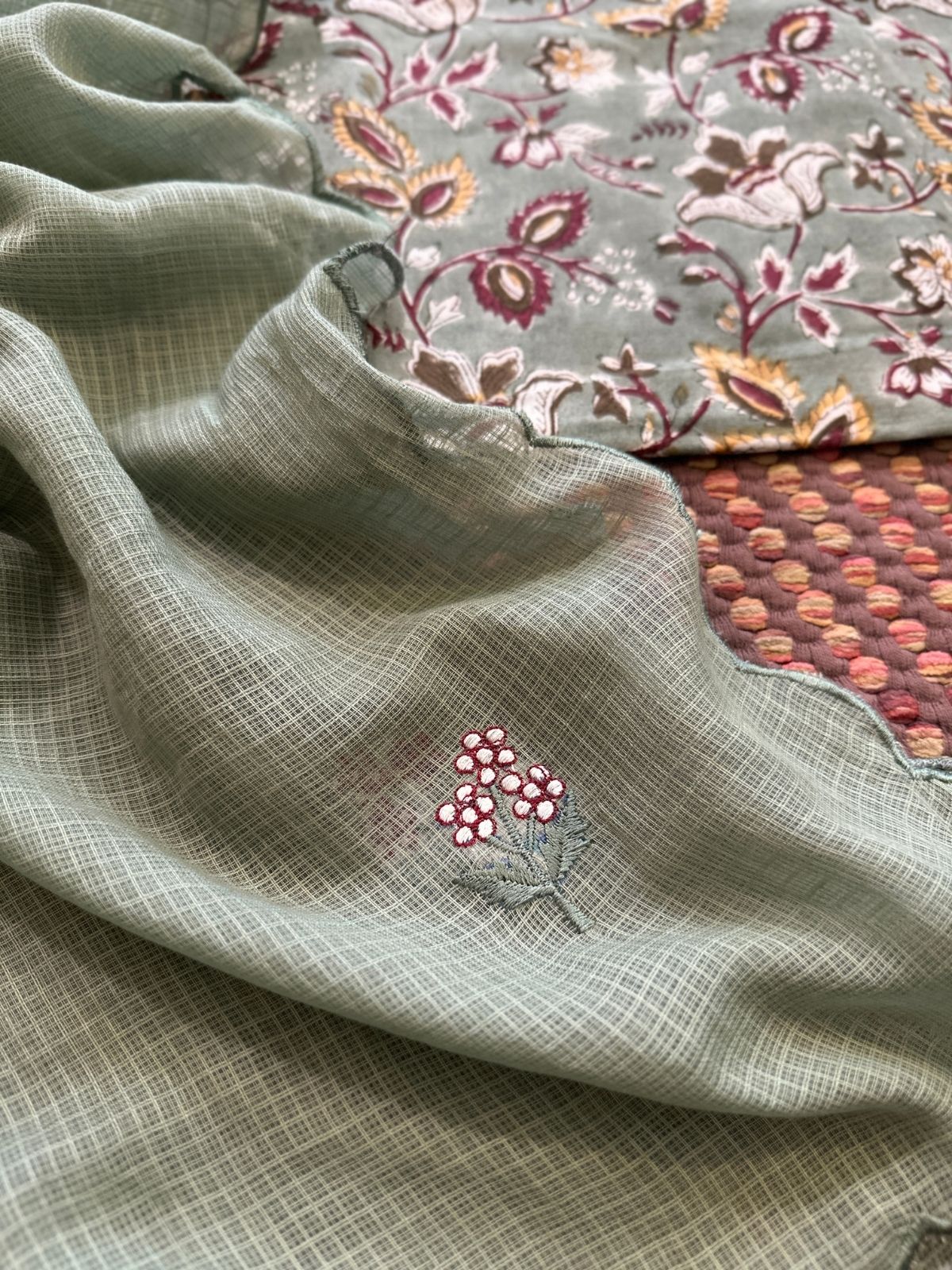 Pure Cotton Hand blocked Set with Embroidered Dupatta
