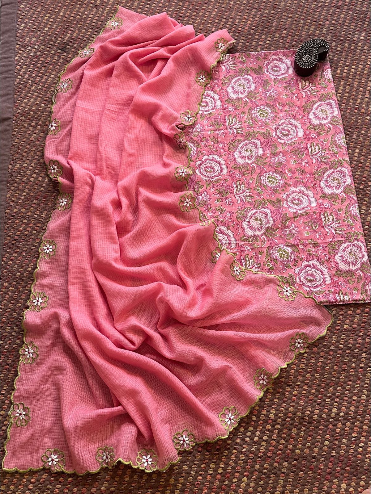 Pure Cotton Hand blocked fabric paired with a embroidered kota doria dupatta.