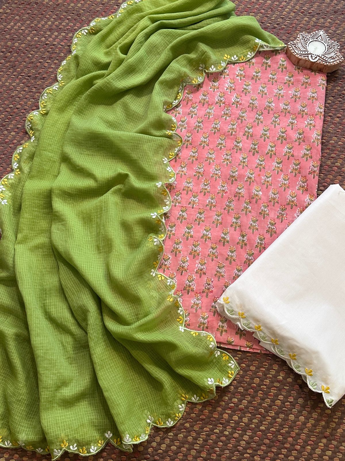 Pure Cotton Hand blocked Set with Embroidered Dupatta