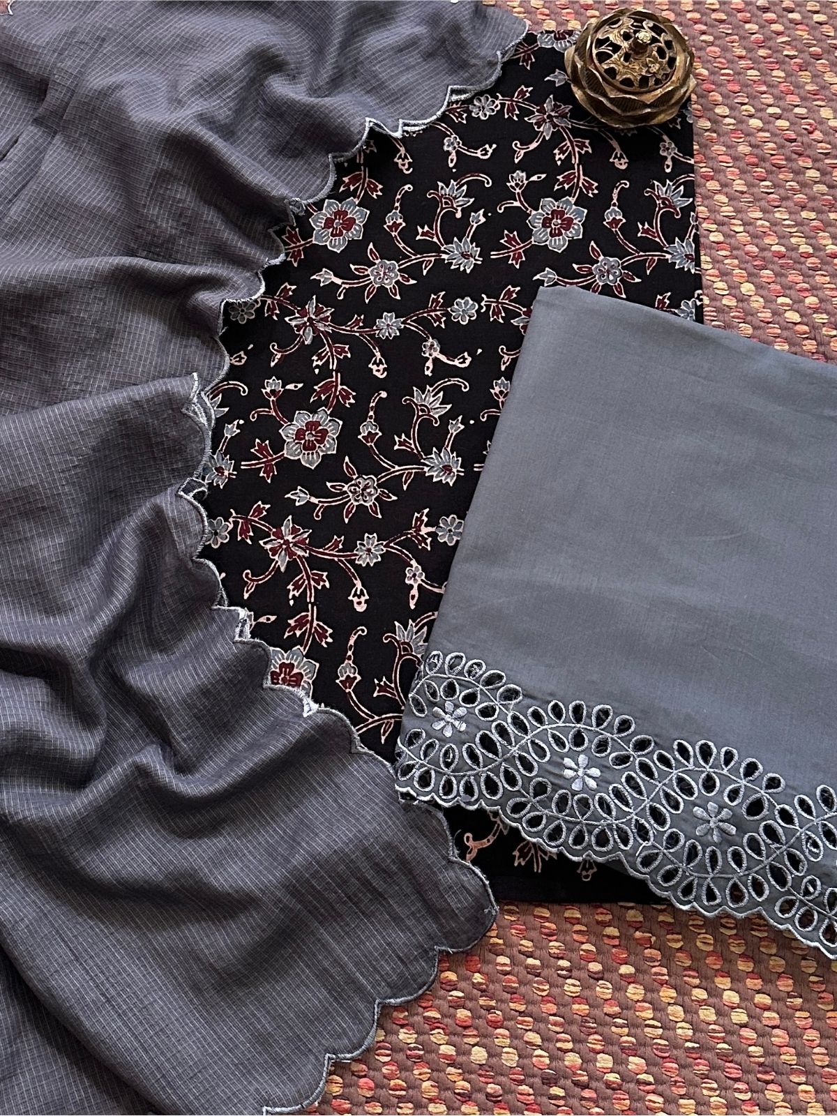 Pure Cotton Mul Ajrak with Scalloped Dupatta & Cutwork Bottom
