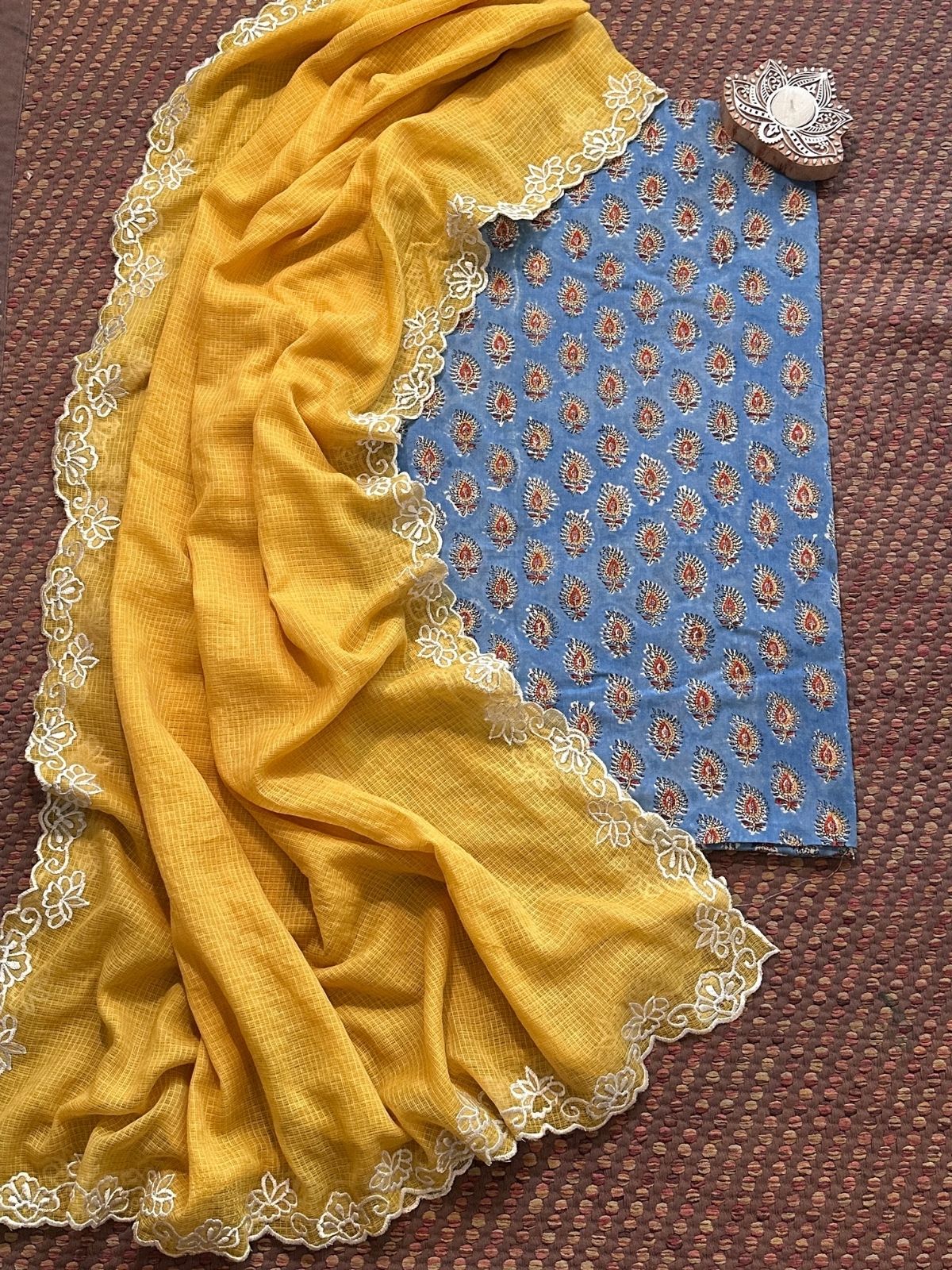 Pure Cotton Malmal Handblock Fabric with Embroidered Dupatta.