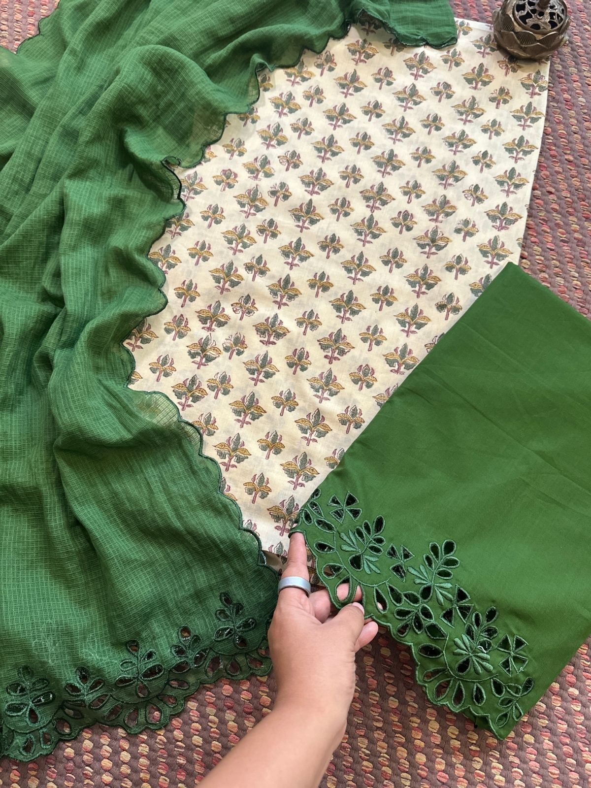 Pure Cotton Hand-blocked Fabric with Cutwork Bottom & Kota Doria Dupatta