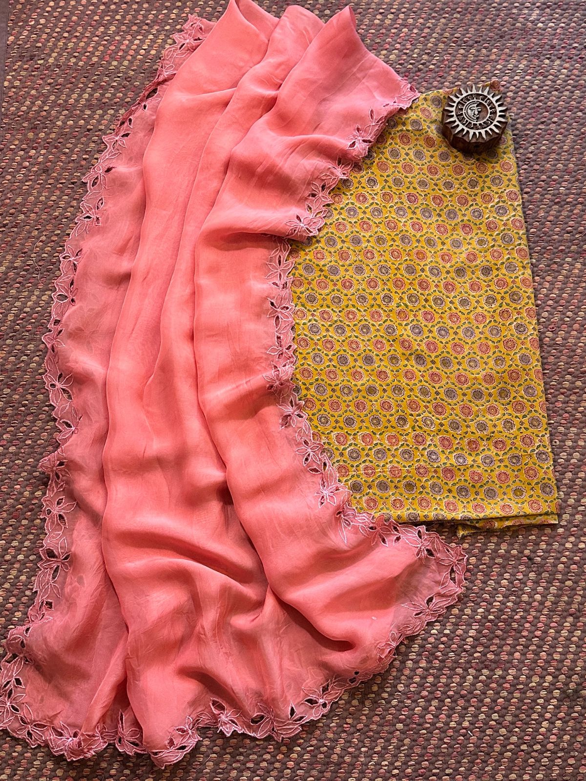 Pure Cotton Malmal Handblocked Fabric with Exclusive Cutwork Organza Dupatta