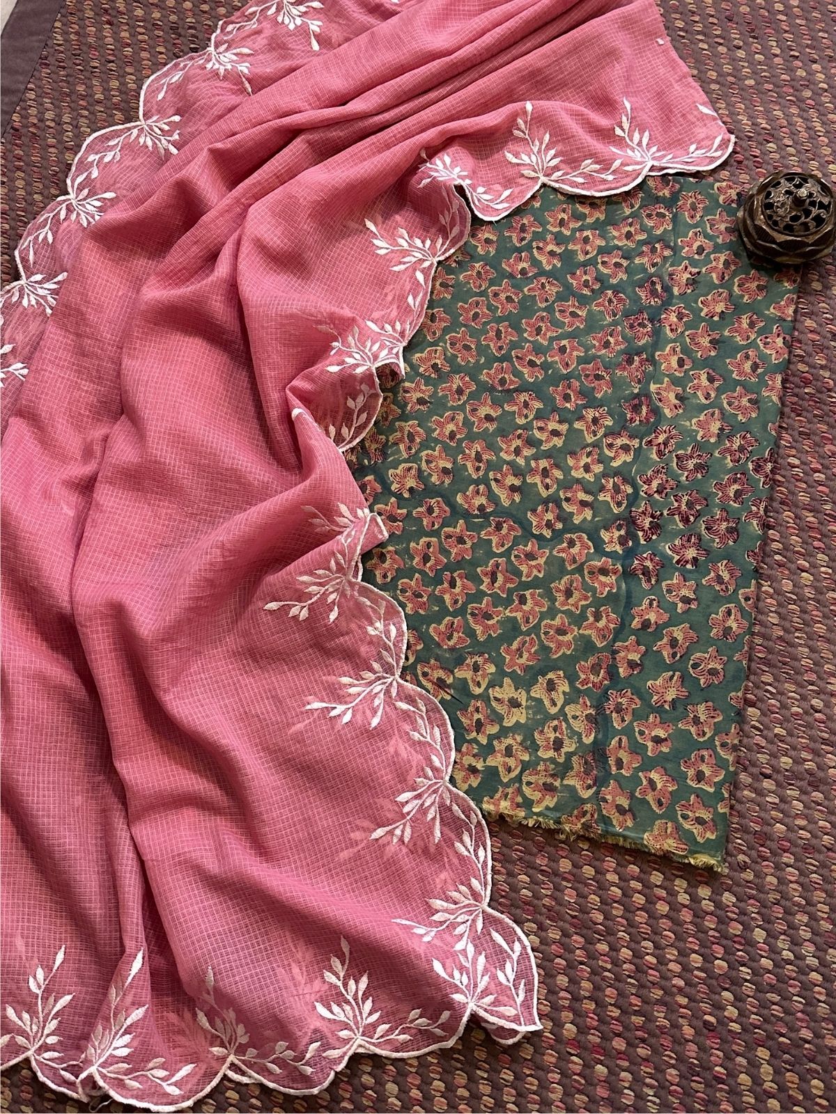 Pure Cotton Mul Hand-Block Fabric with Embroidered Dupatta
