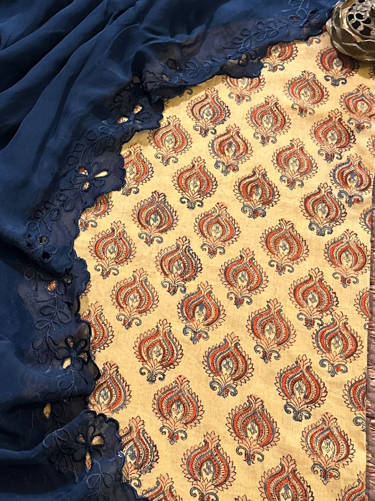 Pure Cotton malmal Handblocked Fabric with Exclusive Cutwork Organza Dupatta