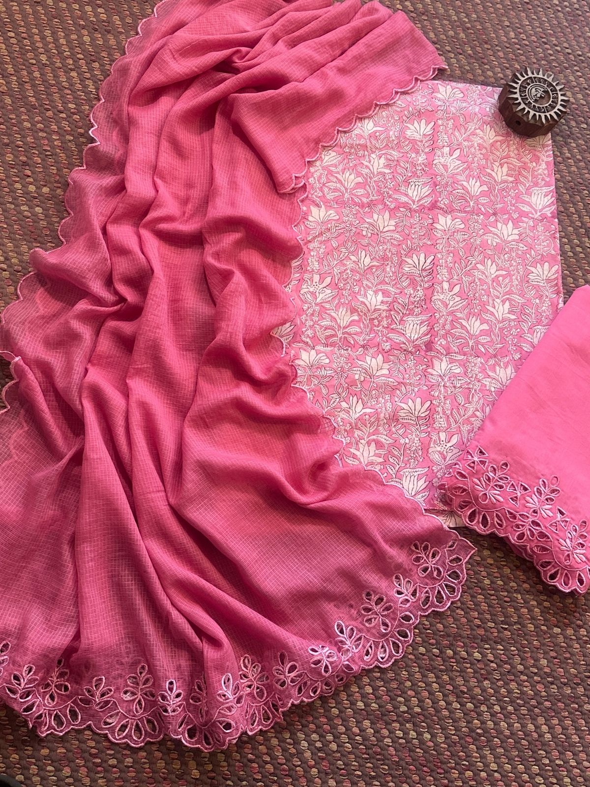 Pure Cotton Hand-blocked Fabric with Cutwork Bottom & Kota Doria Dupatta