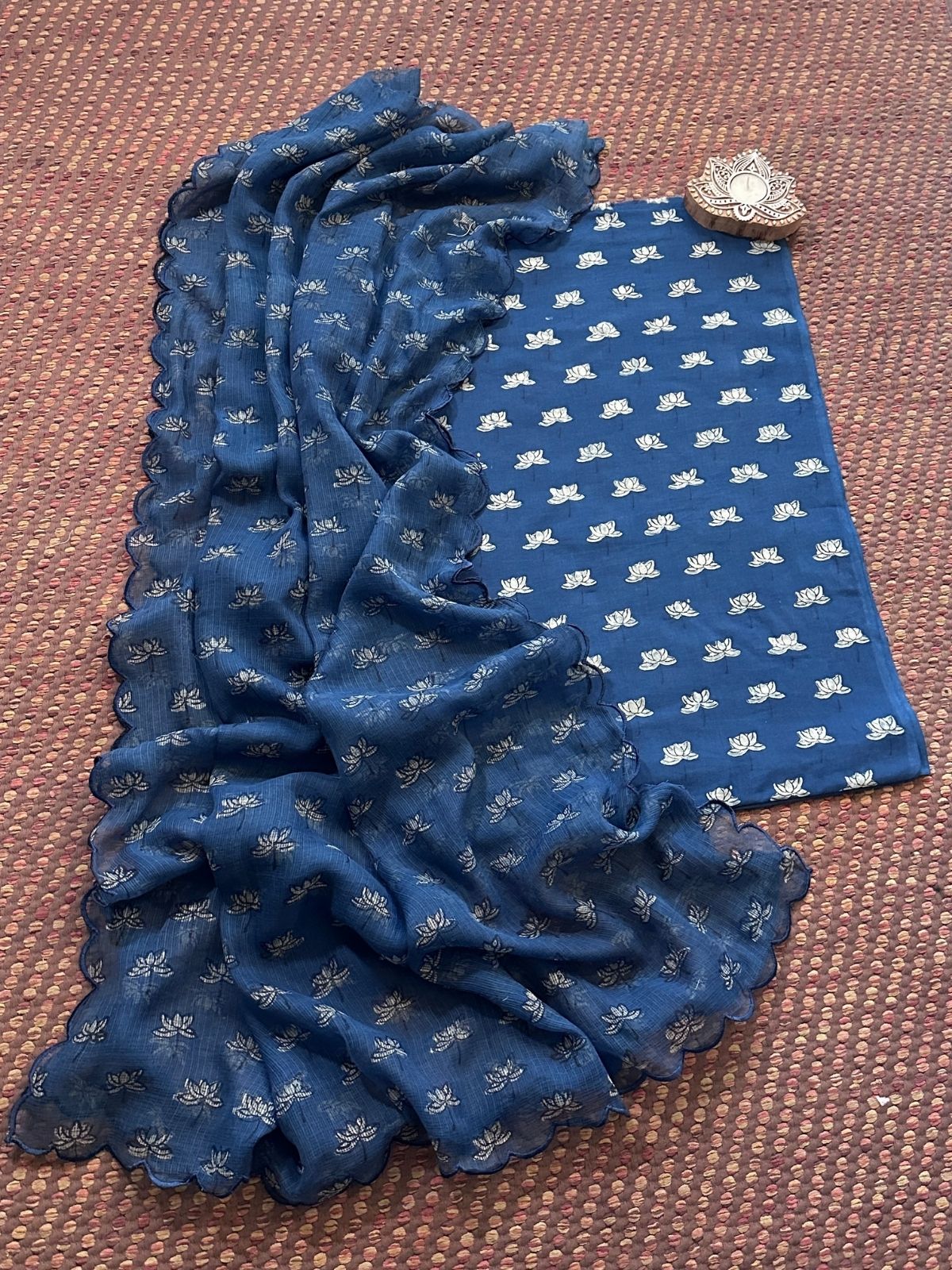 Indigo Pure Cotton Handblocked Fabric with Kota Doria Dupatta Set