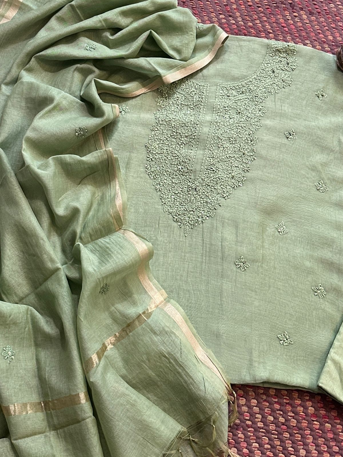 Premium Subtle Green Shade Malmal Maheswari Chikankari Set