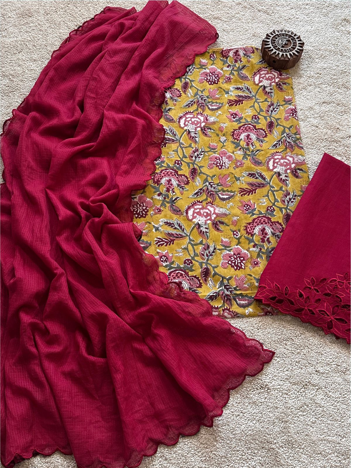 Pure Taj Cotton Hand-blocked Fabric with Cutwork Bottom & Kota Doria Dupatta