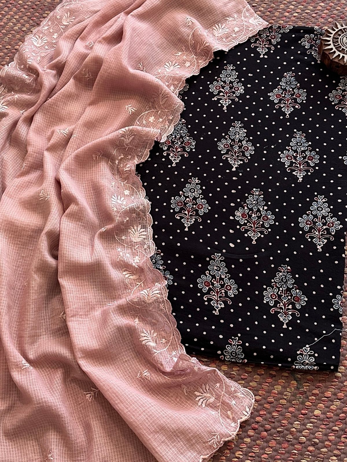 Ajrakh handblocked pure cotton mamal fabric with kota doria embroidered dupatta
