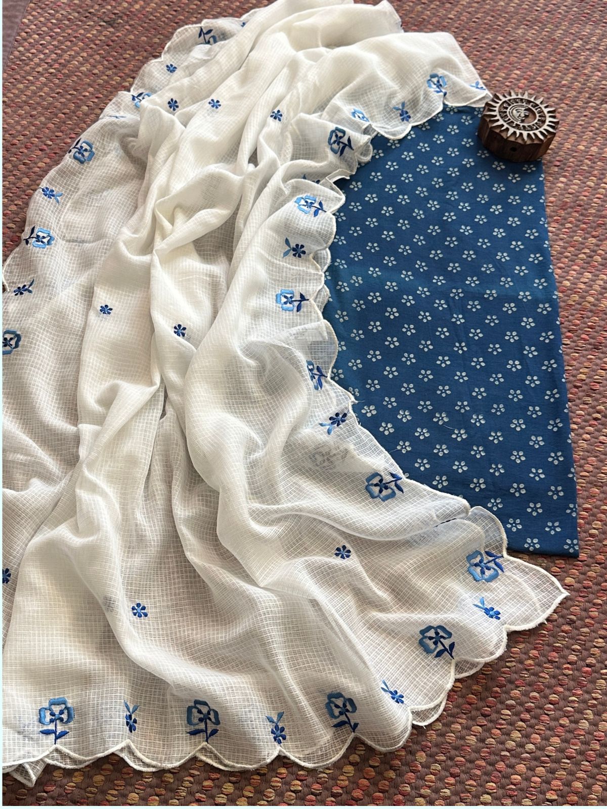 Pure Cotton Indigo Hand-block Fabric with Exclusive Embroidered Kota Doria Dupatta