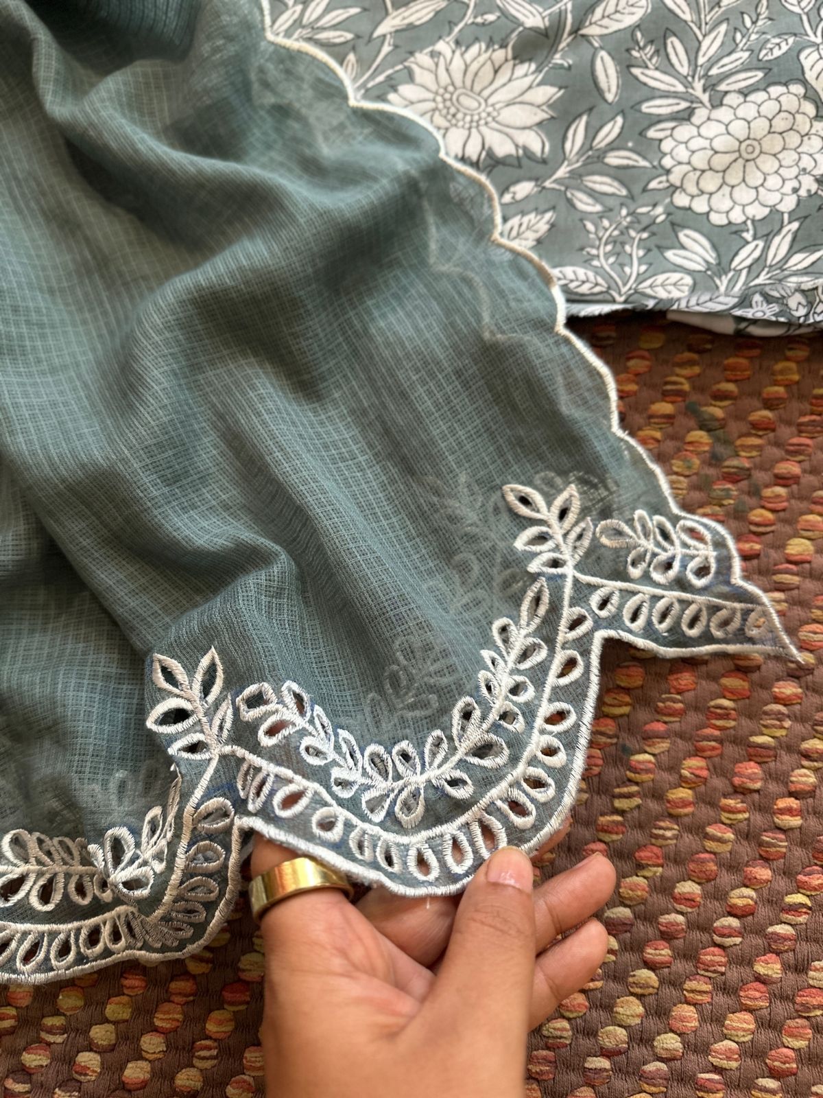 Pure Cotton Handblock Fabric with Cutwork Embroidered Dupatta