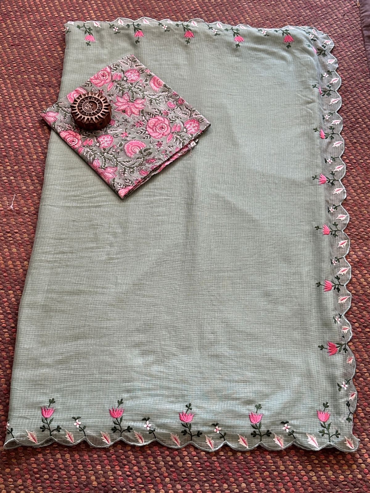 Kota Doria Embroidered Saree with Hand-blocked pure cotton Blouse Fabric