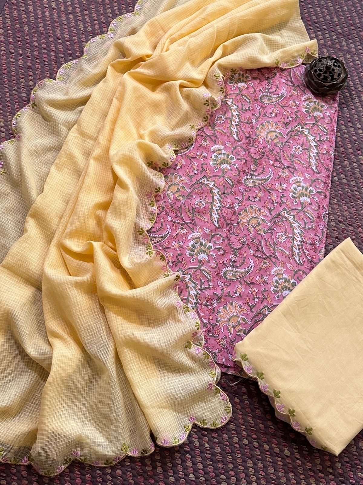 Pure Cotton Hand-block Fabric with Embroidered Bottom & Kota Doria Dupatta