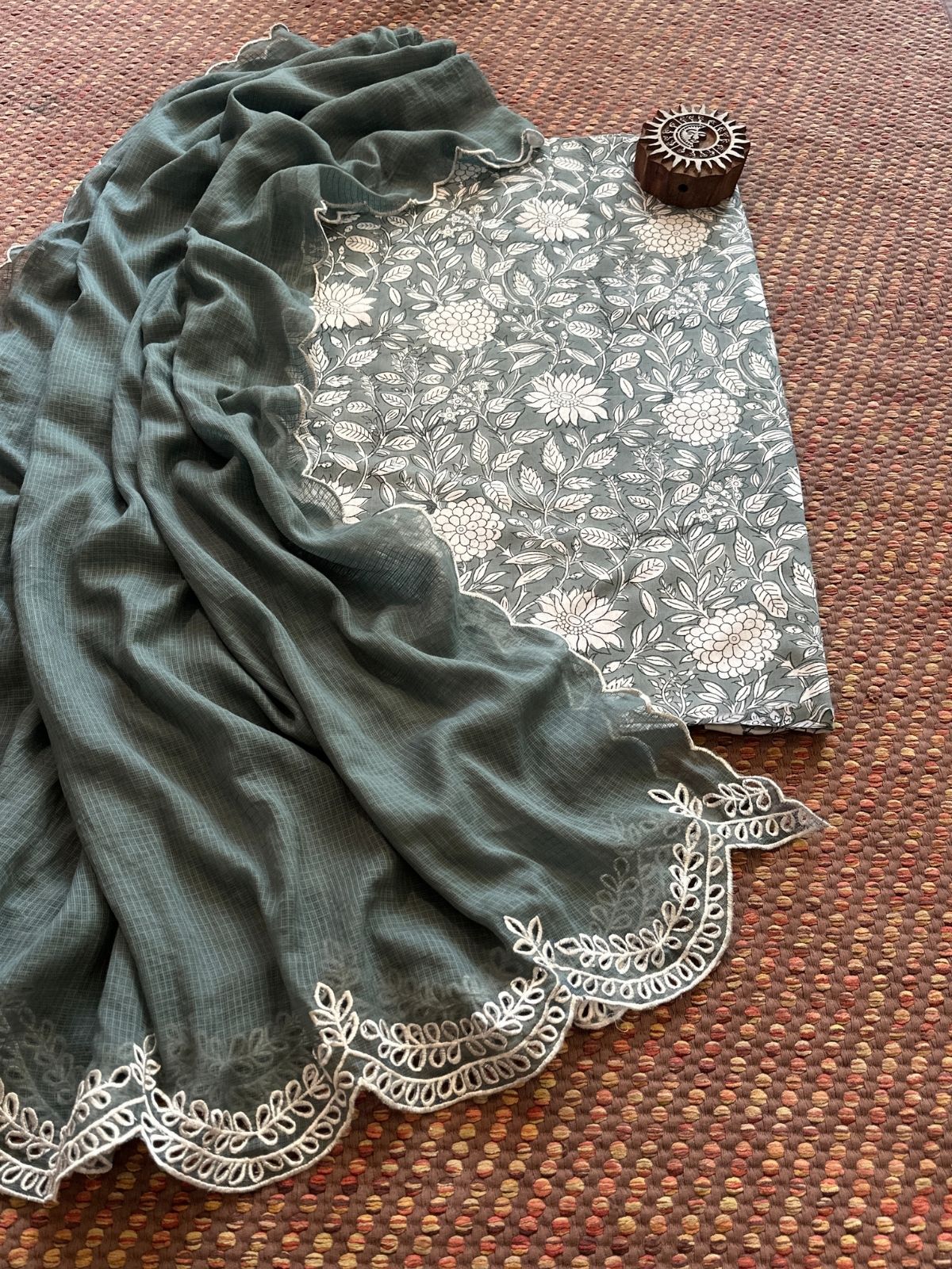 Pure Cotton Handblock Fabric with Cutwork Embroidered Dupatta